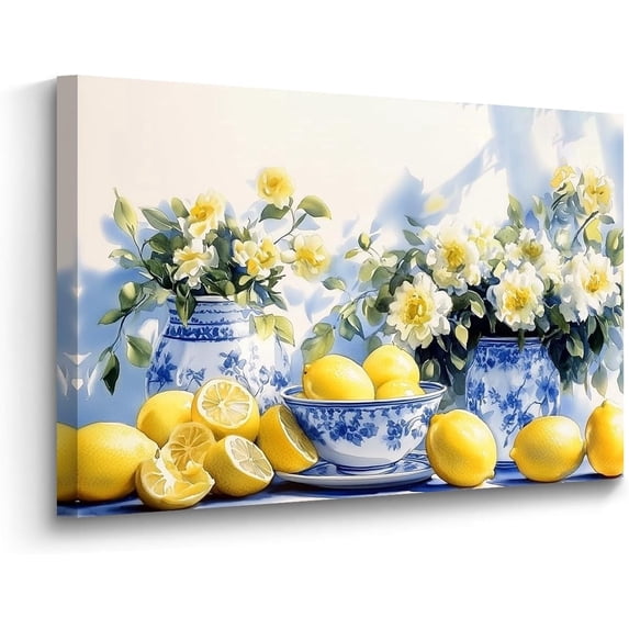 Yellow Lemon Wall Art for Kitchen, Vintage Citrus Fruit Canvas Print, Blue Pottery on Table Painting, Rustic Farmhouse Decor Framed Artwork