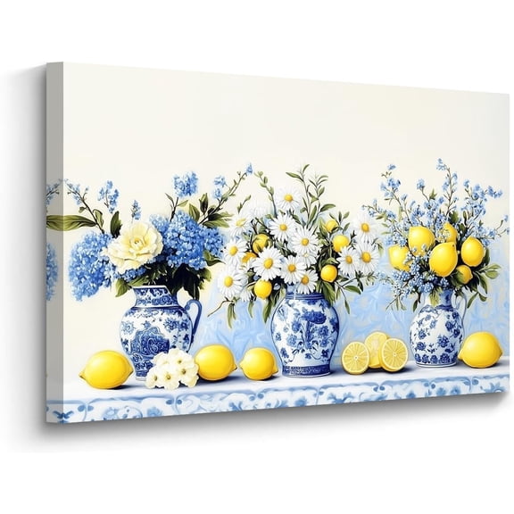 Yellow Lemon Wall Art for Kitchen, Vintage Citrus Fruit Canvas Print, Blue Pottery on Table Painting, Rustic Farmhouse Decor Framed Artwork