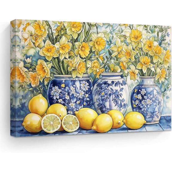 Yellow Lemon Wall Art for Kitchen, Vintage Citrus Fruit Canvas Print, Blue Pottery on Table Painting, Rustic Farmhouse Decor Framed Artwork