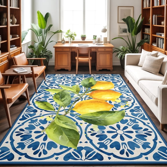 Yellow Lemon Washable Area Rug 2.7 x 5 ft Rustic Flower Blue Tile Texture Country Farmhouse, Soft Non Slip Rugs Stain Repellent Indoor Felt Carpet for Living Dining Room Bedroom Home Office