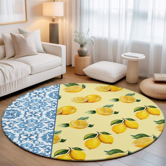 Yellow Lemon Washable Round Area Rug 3.3 ft, Watercolor Fruit Farm Blue Flower Pattern, Soft Non Slip Rugs Stain Repellent Indoor Felt Carpet for Living Dining Room Bedroom Home Office