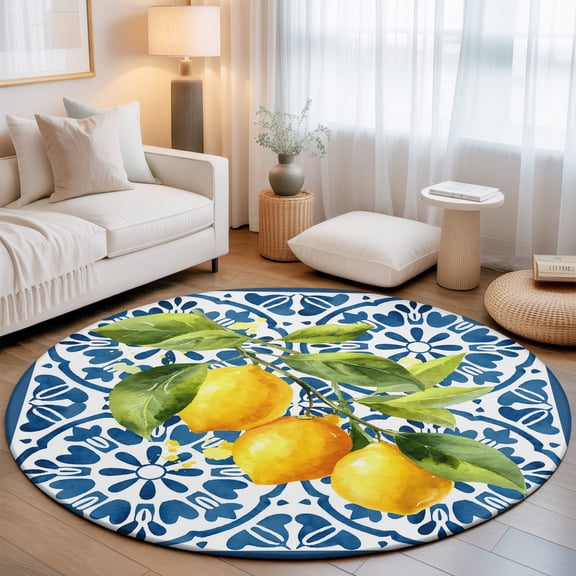Yellow Lemon Washable Round Area Rug 3 ft, Rustic Flower Blue Tile Texture Country Farmhouse, Soft Non Slip Rugs Stain Repellent Indoor Felt Carpet for Living Dining Room Bedroom Home Office