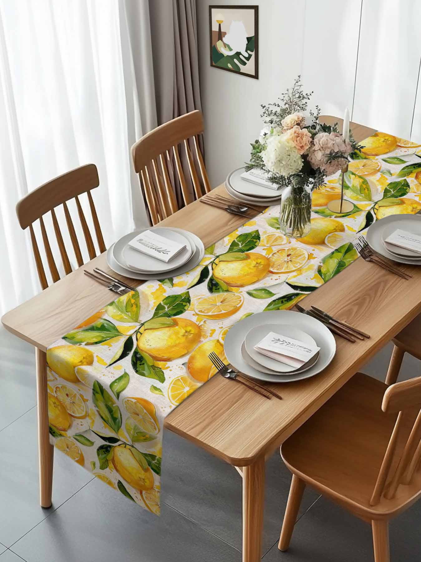 Yellow Lemon Watercolor Leaves Table Runner 90 Inches Long, Farm Fruit Harvest Table Runners Tabletop Scarf Kitchen Dining Tables Decoration for Home Party Indoor Outdoor
