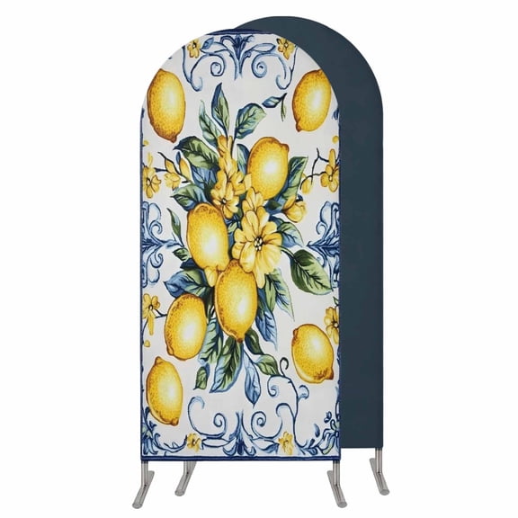 Yellow Lemon Wedding Arch Cover, Stretchy Spandex Arch Backdrop Stand Covers 4 FT, Middle Century Blue Italian Textured Round Top Arched Backdrop Cover for Birthday Party Ceremony Baby Shower Event