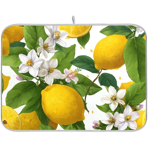 Yellow Lemon and White Flower Dish Drying Mat Super Absorbent Drying Mat 16x18 inch Large Dish Drying Mats for Kitchen Counter Dish Drying Pads Kitchen Drying Matt for Countertop