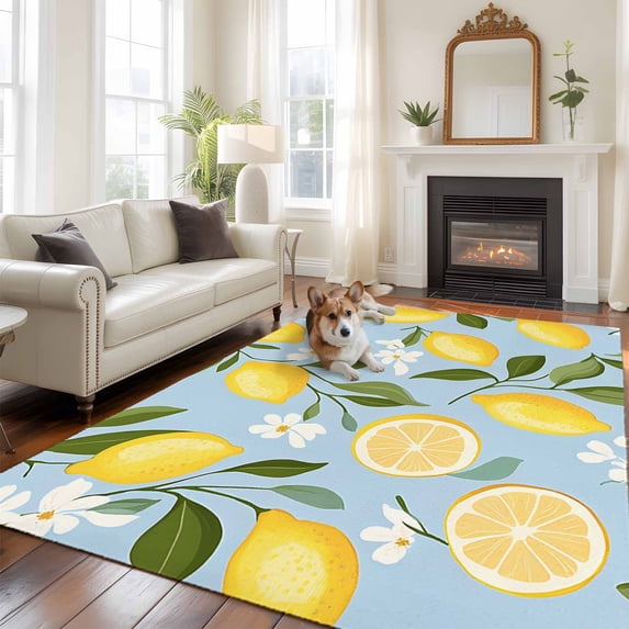 Yellow Lemon White Flowers Large Area Rugs 5x8 ft Retro Blue Backdrop Washable Rug Non Slip Indoor Carpet Absorbent Floor Mat for Living Room Bedroom Dining Room