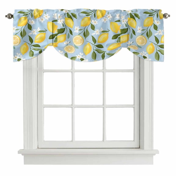 Yellow Lemon White Flowers Tie Up Window Valance Retro Blue Backdrop Tie-up Valance for Kitchen Windows Adjustable Small Curtain Balloon Shades for Kitchen Bathroom Cafe 42x12inch