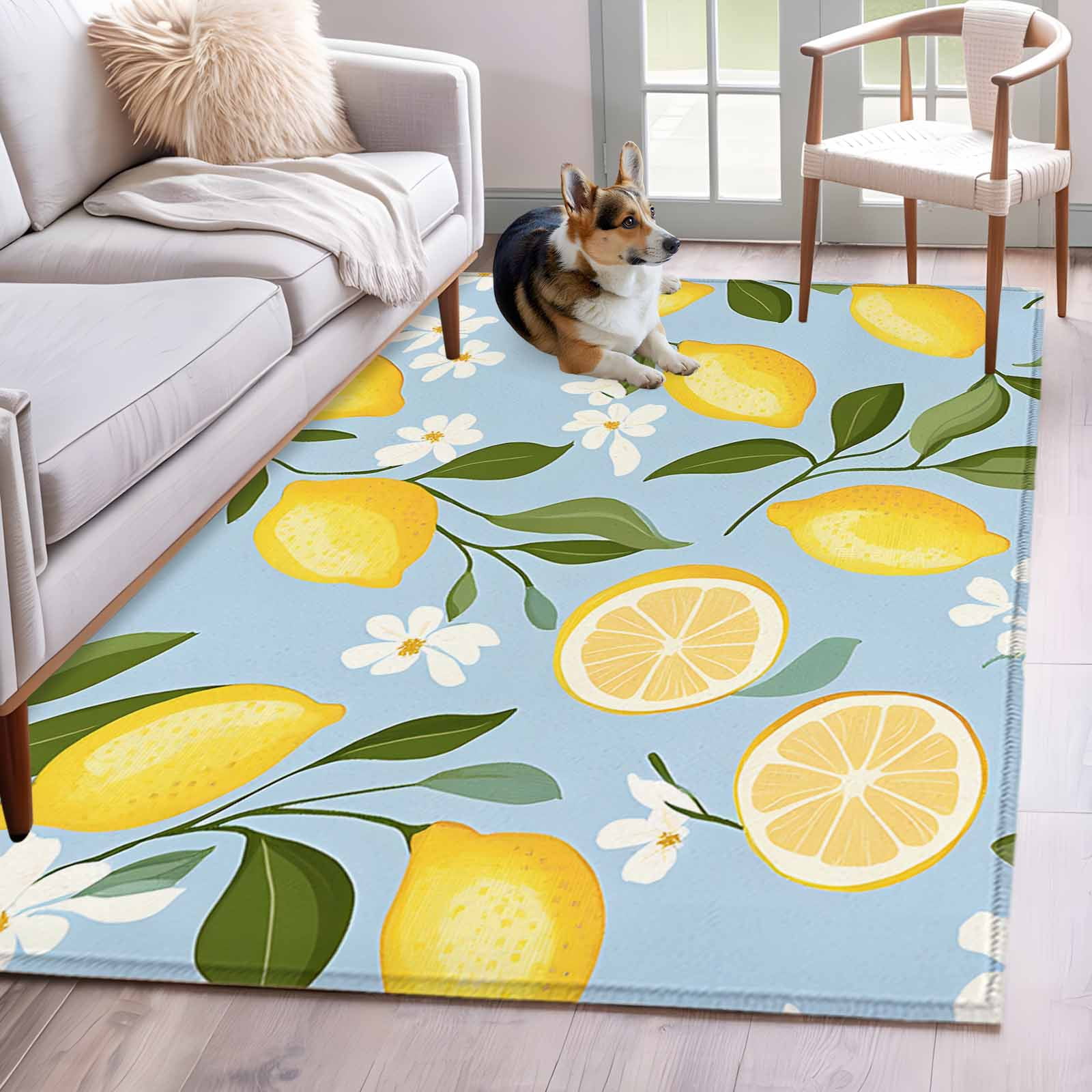 Yellow Lemon White Flowers Washable Area Rug 4x6 Retro Blue Backdrop ...