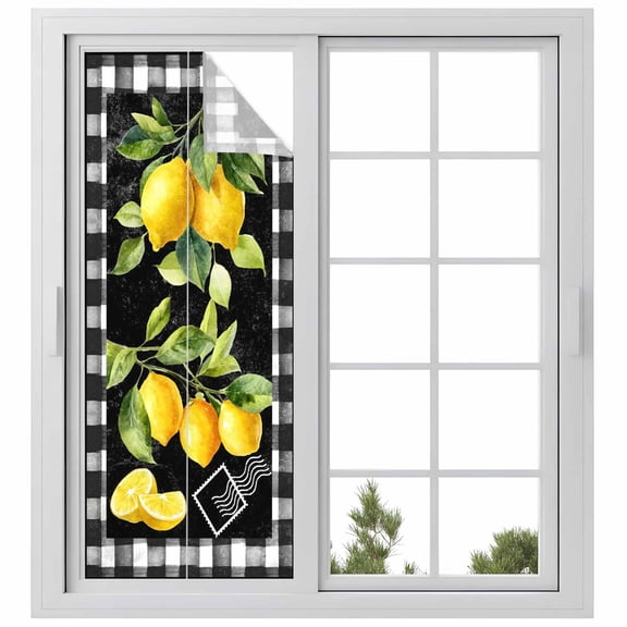 Yellow Lemon Window Privacy Film, Summer Botanical Black White Checkered Static Cling UV Sun Blocking Heat Control Window Tint Day and Night, Non-Adhesive One Way Windows Privacy Cover 29.5''x78.7''