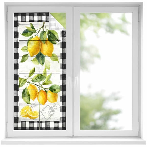 Yellow Lemon Window Privacy Film, Summer Botanical Black White Checkered Wooden Static Cling UV Sun Blocking Heat Control Window Tint Day and Night, Non-Adhesive One Way Privacy Cover 19.6''x39.3''