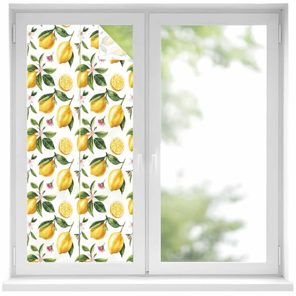 Yellow Lemon Window Privacy Film, Tropical Green Leaf Pink Floral Fruit Static Cling UV Sun Blocking Heat Control Window Tint Day and Night, Non-Adhesive One Way Windows Privacy Cover 19.6''x39.3''