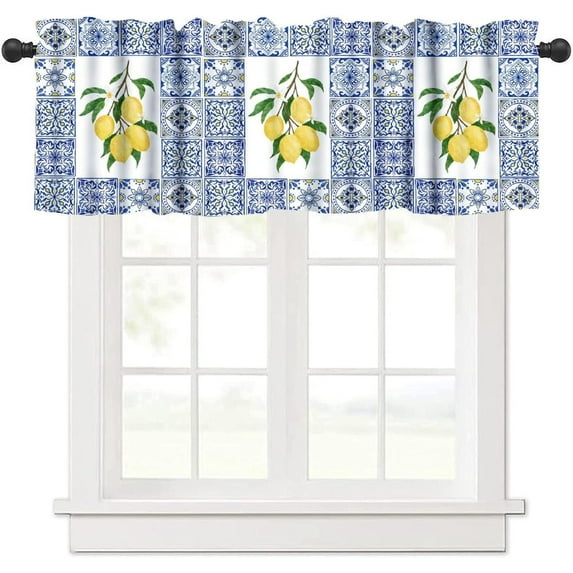 Yellow Lemon Window Valance, Blue Tiles Summer Holiday Tasty Fruit Healthy Fruit Vintage Watercolor Rustic Botanic Valance for Dining Room Kitchen Bedroom, 54x18inch