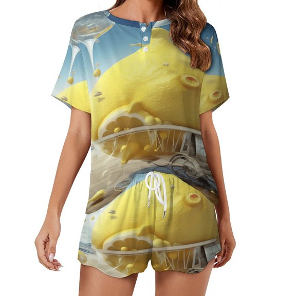 Yellow Lemon Women's Ruffle Short Sleeve Tops And Shorts Cute Peeps Bunny Pajamas Sets
