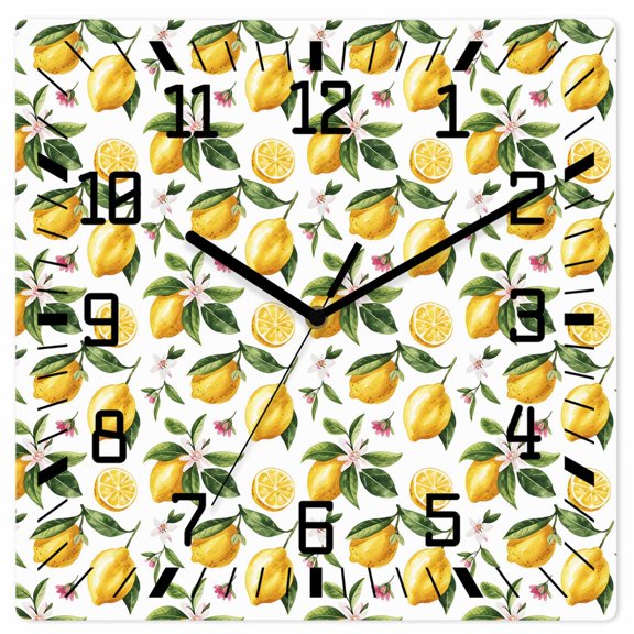 Yellow Lemon Wooden Wall Clock Silent Non Ticking, Tropical Green Leaf Pink Floral Fruit Square Wall Clocks Battery Operated, Decor Clock for Home Office, Living Room, Kitchen, 10 Inch