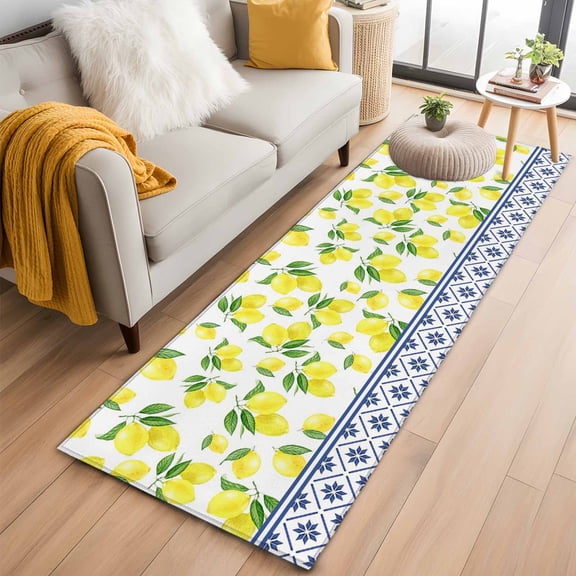 Yellow Lemons 2'x6' Runner Rugs for Hallway Kitchen Bedside Non Slip, Watercolor Summer Botanical Elegant Pastoral Entryway Rug Runners with Rubber Backing, Long Carpet Runner for Laundry Room