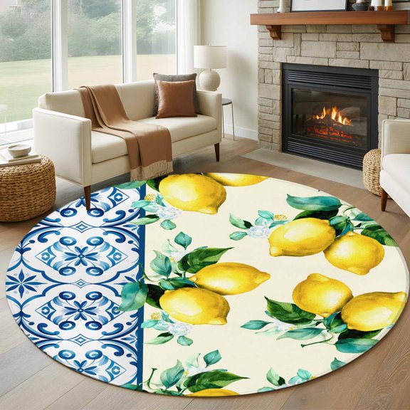 Yellow Lemons 7ft Round Rug for Living Room Conversation Area, Boho Watercolor Blue White Blue Mosaic Tiles Washable Non Slip Large Circle Area Rug