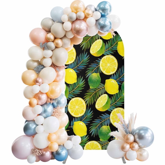Yellow Lemons Arch Backdrop Cover 4 FT Green Leaf Black Background Summer Fruit Stretchy Elastic Arch Stand Covers Spandex Arched Background Birthday Wedding Party Decoration (No Stand)