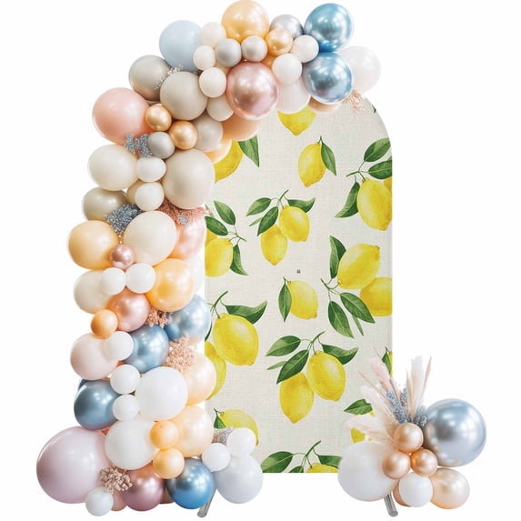 Yellow Lemons Arch Backdrop Cover, Spandex Fitted Wedding Arch Cover, Summer Citrus Fruits Leaves Country Vintage Round Top Stand Covers for Birthday Ceremony Bridal Shower Party Decor 6x2.6 Ft