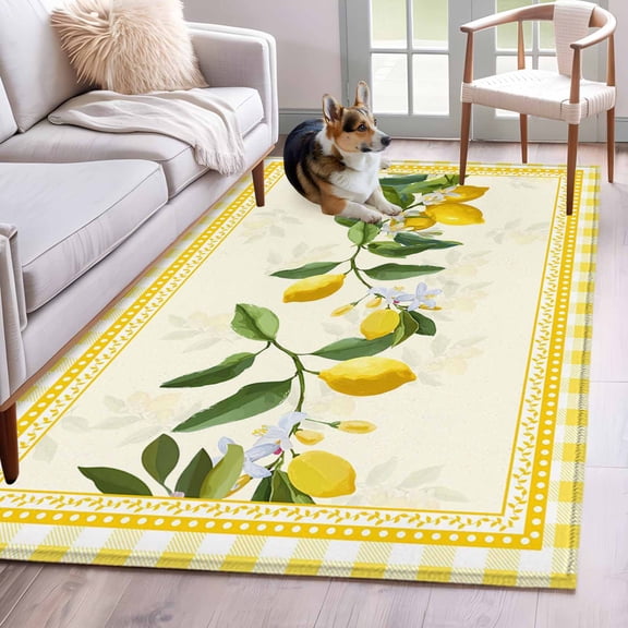 Yellow Lemons Area Rug 3x5 Washable Rug Non Slip Summer Botanical Checkered Farmhouse Large Area Rug Indoor Floor Carpet for Entryway Bedroom Kitchen Living Room Home Office Dining Room Nursery