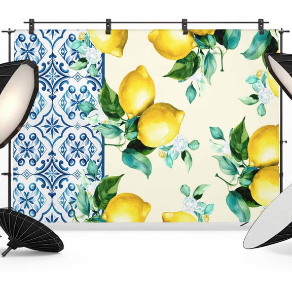Yellow Lemons Backdrop for Photography, Boho Watercolor Blue White Blue Mosaic Tiles Photo Backdrop Portrait Background Party Banner Photo Backgrounds for Studio Booth Props, 7x5ft
