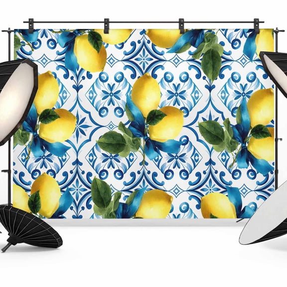 Yellow Lemons Backdrop for Photography, Watercolor Blue White Blue Mosaic Tiles Bohemian Style Photo Backdrop Portrait Background Party Banner Photo Backgrounds for Studio Booth Props, 7x5ft
