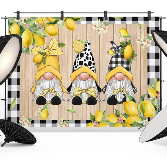 Yellow Lemons Backdrops for Photography, Gnomes Summer Rustic Flower Botanical Black Plaid Fabric Photo Background Sturdy Studio Props for Photo Studio, Video Recording, Booth & Photoshoot 7x5ft