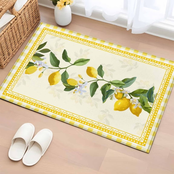 Yellow Lemons Bathroom Rug Washable 2x3 Entryway Rug Non Slip Summer Botanical Checkered Farmhouse Front Door Mat Low Pile Indoor Doormat Throw Floor Carpet for Kitchen Bedroom Entrance