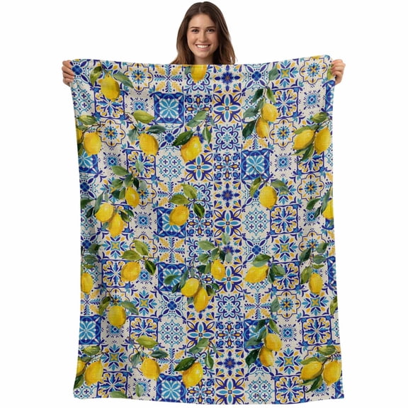 Yellow Lemons Blanket Soft Cozy Warm Throw Blanket for Couch, Plush Fuzzy Flannel Blankets for Sofa, Summer Watercolor Vintage Blue Nation Plaid Bed Blankets Lightweight Gifts for Women, 30"x40"