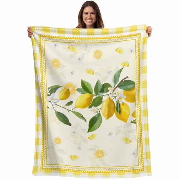 Yellow Lemons Blanket Soft Cozy Warm Throw Blanket for Couch, Plush Fuzzy Flannel Fleece Blankets for Sofa, Summer Botanical Checkered Farmhouse Bed Blankets Lightweight Gifts for Women, 50"x60"