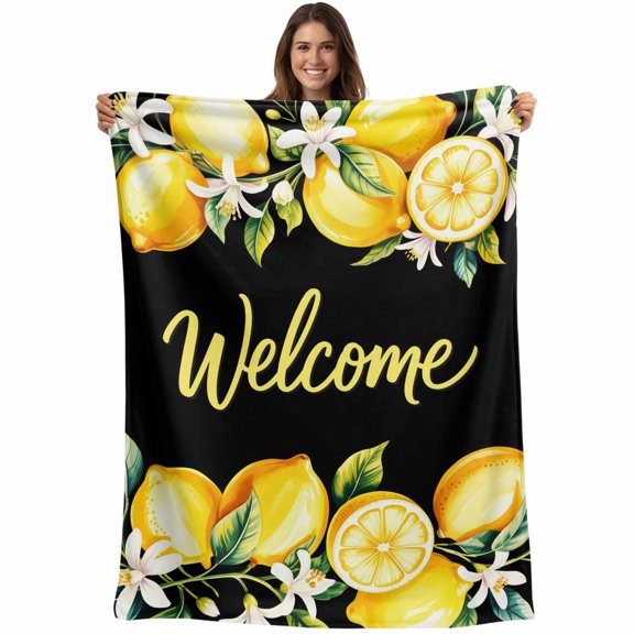 Yellow Lemons Blanket Soft Cozy Warm Throw Blanket for Couch, Plush Fuzzy Flannel Fleece Blankets for Sofa, Summer Fruits Leaves Botanical Black Bed Blankets Lightweight Gifts for Women, 50"x60"