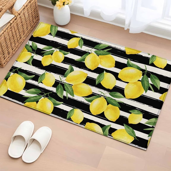 Yellow Lemons Entryway Rug 2'x3'&nbsp; Non Slip Front Door Mats, Summer Citrus Fruits Leaves Black Stripes Entrance Rugs Indoor Outdoor Carpet, Washable Floor Mats Small Area Rug for Bedroom Kitchen