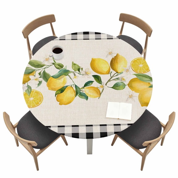 Yellow Lemons Fitted Tablecloth with Elastic Edged, Round Table Cloth for Dining Table, Summer Watercolor Fruits Plaid Waterproof Oil Proof Table Cover for Indoor Outdoor 36"-44"