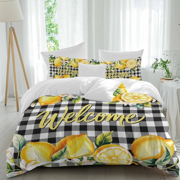 Yellow Lemons Full Size Comforter Set, Welcome White Flowers Leaf Fruits Black Plaid Bedding for All Seasons, 4 Pcs Bed Set, 1Quiltcover (86"x86") ,1Sheet(80"x116"), 2Pillowcases (30"x20")