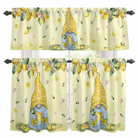 Yellow Lemons Kitchen Curtains Sets for Windows 24 Inch Length, Cute Gnomes Summer Fruits Rustic Flowers Rod Pocket Window Treatments Tier Curtains and Valances Set for Bedroom/Bathroom