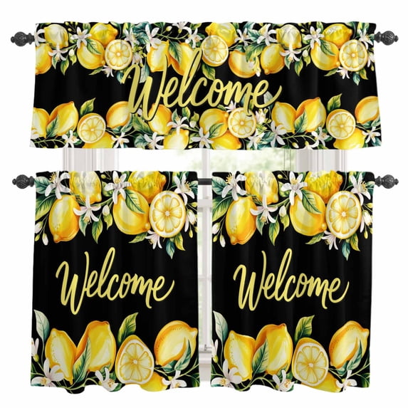 Yellow Lemons Kitchen Curtains Sets for Windows 24 Inch Length, Summer Fruits Leaves Botanical Black Rod Pocket Window Treatments Tier Curtains and Valances Set for Bedroom/Bathroom