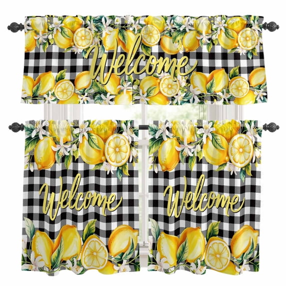 Yellow Lemons Kitchen Curtains Sets for Windows 24 Inch Length, Summer Fruits Leaves Botanical Buffalo Plaid Rod Pocket Window Treatments Tier Curtains and Valances Set for Bedroom/Bathroom