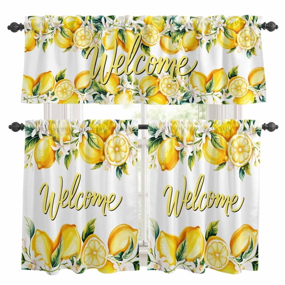 Yellow Lemons Kitchen Curtains Sets for Windows 36 Inch Length, Summer Fruits Leaves Pastoral Botanical Rod Pocket Window Treatments Tier Curtains and Valances Set for Bedroom/Bathroom