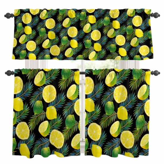 Yellow Lemons Kitchen Curtains Valances and Tiers Set of 3 Green Leaf Black Background Summer Fruit Tier Curtains and Valance with Rod Pocket for Small Windows, 27.5"x24"
