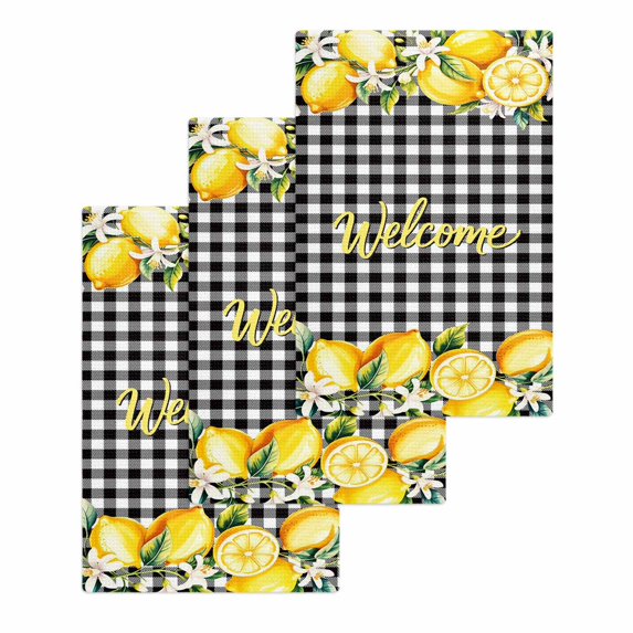 Yellow Lemons Kitchen Dish Towels for Drying Dishes Set of 3, Summer Fruits Leaves Botanical Buffalo Plaid Waffle Weave Microfiber Hand Tea Bathroom Towels Quick Dry & Absorbent Towel 15.7x23.6