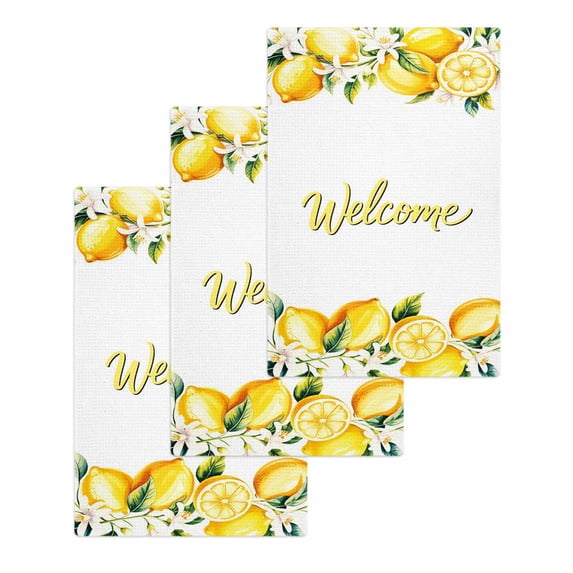 Yellow Lemons Kitchen Dish Towels for Drying Dishes Set of 3, Summer Fruits Leaves Pastoral Botanical Waffle Weave Microfiber Hand Tea Bathroom Towels Quick Dry & Absorbent Towel 15.7x23.6