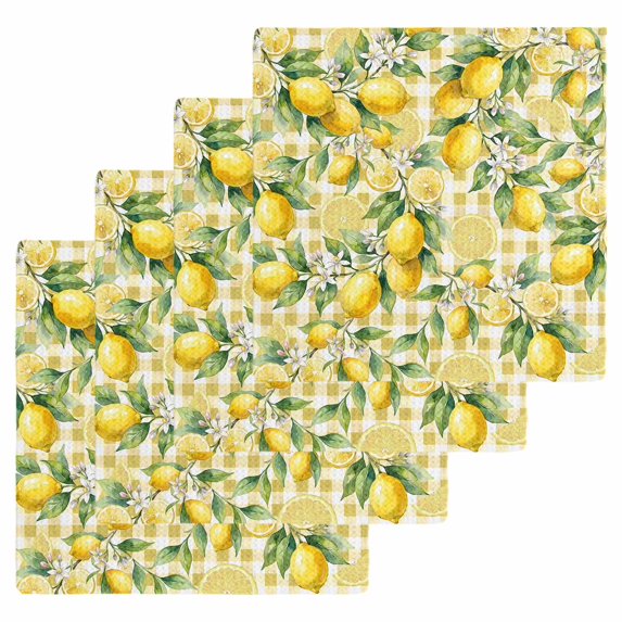 Yellow Lemons Kitchen Dish Towels for Drying Dishes Set of 4, Summer Botanical Checkered Pastoral Waffle Weave Microfiber Hand Tea Bathroom Towels Quick Dry & Absorbent Towel 12x12