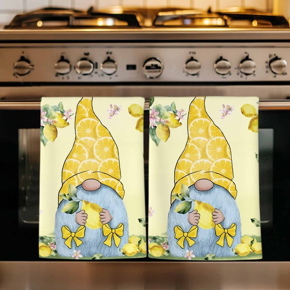 Yellow Lemons Kitchen Towels Set of 1, Cute Gnomes Summer Fruits Rustic Flowers Absorbent Dish Towels for Kitchen, Microfiber Hand Towel, Quick Drying Tea Towel for Cleaning Decorative Dishcloths