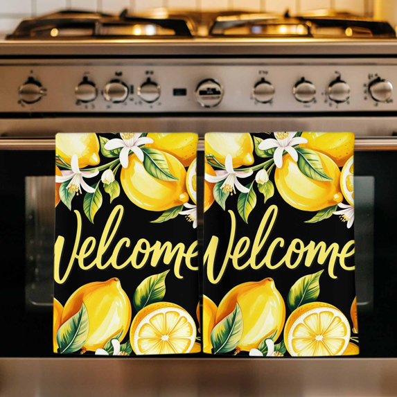 Yellow Lemons Kitchen Towels Set of 2, Summer Fruits Leaves Botanical Black Absorbent Dish Towels for Kitchen, Microfiber Hand Towel, Quick Drying Tea Towel for Cleaning Decorative Dishcloths