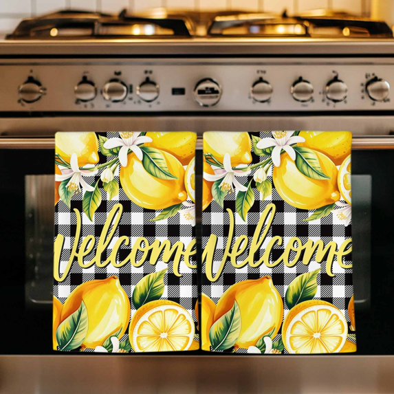 Yellow Lemons Kitchen Towels Set of 4, Summer Fruits Leaves Botanical Buffalo Plaid Absorbent Dish Towels for Kitchen, Microfiber Hand Towel, Quick Drying Tea Towel for Cleaning Decorative Dishcloths