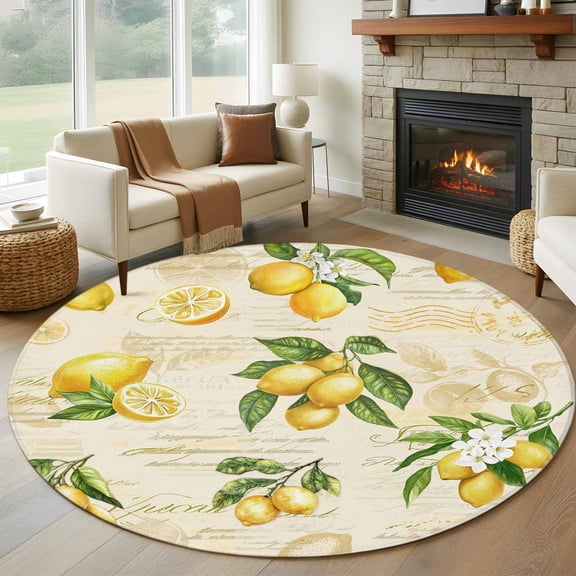 Yellow Lemons Large Round Rug 8 FT, Non Slip Living Room Area Carpet, Summer Botanical Fruit Leaves Country Washable Soft Circle Rug Non-Shedding Floor Carpet for Bedroom Office Dining Room