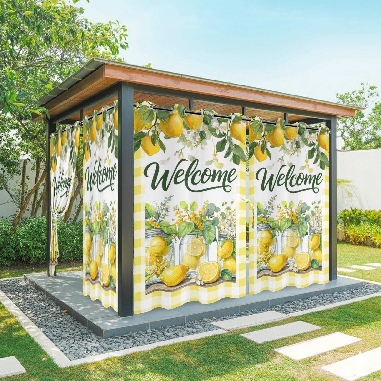 Yellow Lemons Outdoor Curtains for Patio, Welcome Summer Fruit Country Flower Botanical Sunshade Privacy Drapes Grommet Waterproof Outside Curtains for Porch/Cabana/Balcony 54"x 108", 1 Panel