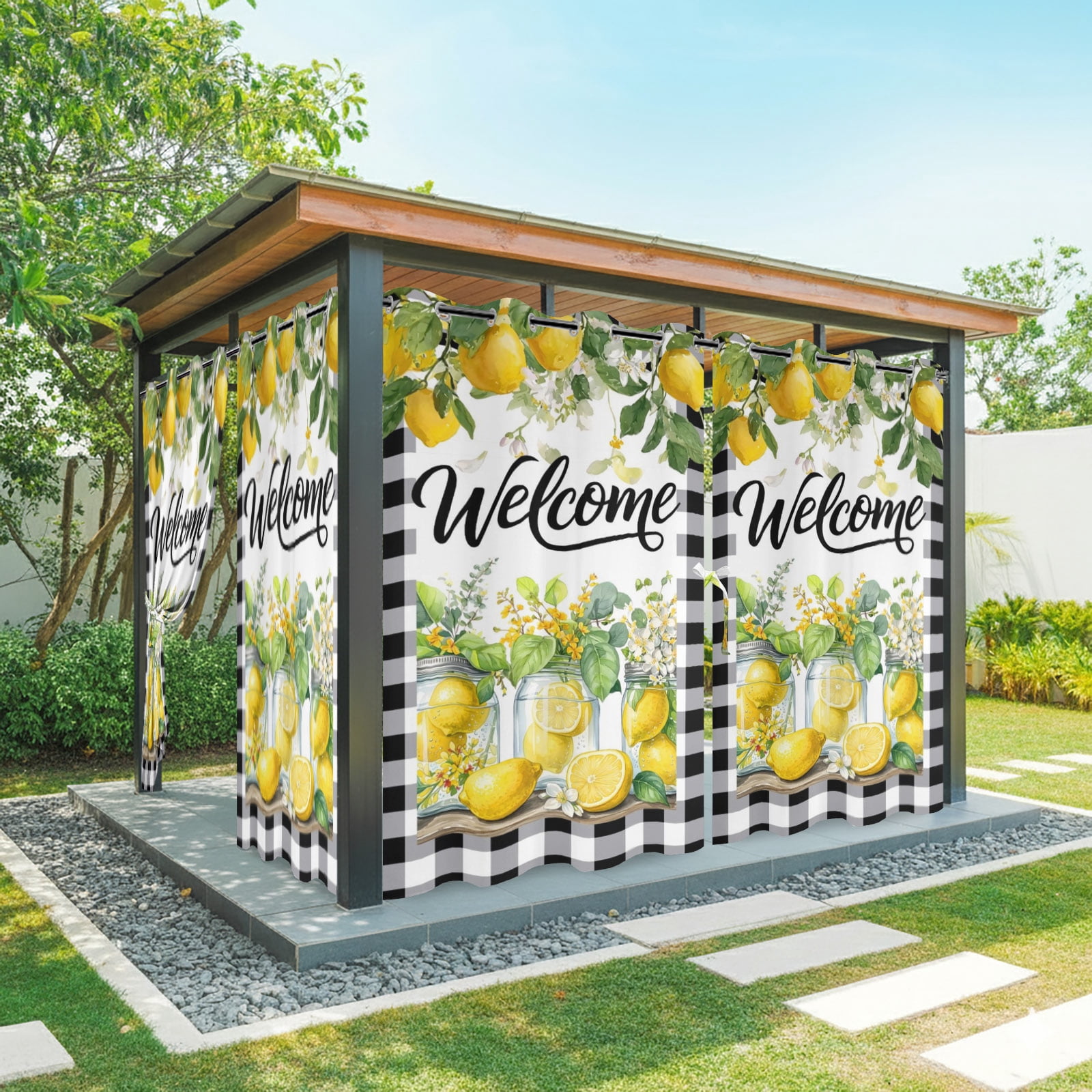 Yellow Lemons Outdoor Curtains for Patio, Welcome Summer Fruit Flower Botanical Black Plaid Sunshade Privacy Drapes Grommet Waterproof Outside Curtains for Porch/Cabana/Balcony 54"x 108", 1 Panel