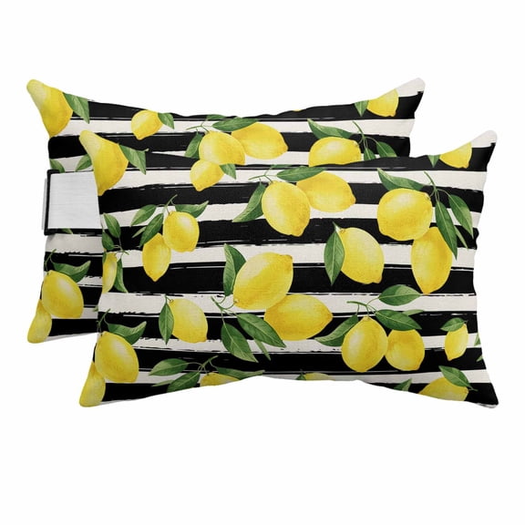Yellow Lemons Outdoor Pillows for Chaise Lounge Chair Beach Headrest Pillow Set of 2 Waterproof Lumbar Pillows with Insert Summer Citrus Fruits Leaves Black Stripes Pillow for Patio Pool 12"x20"