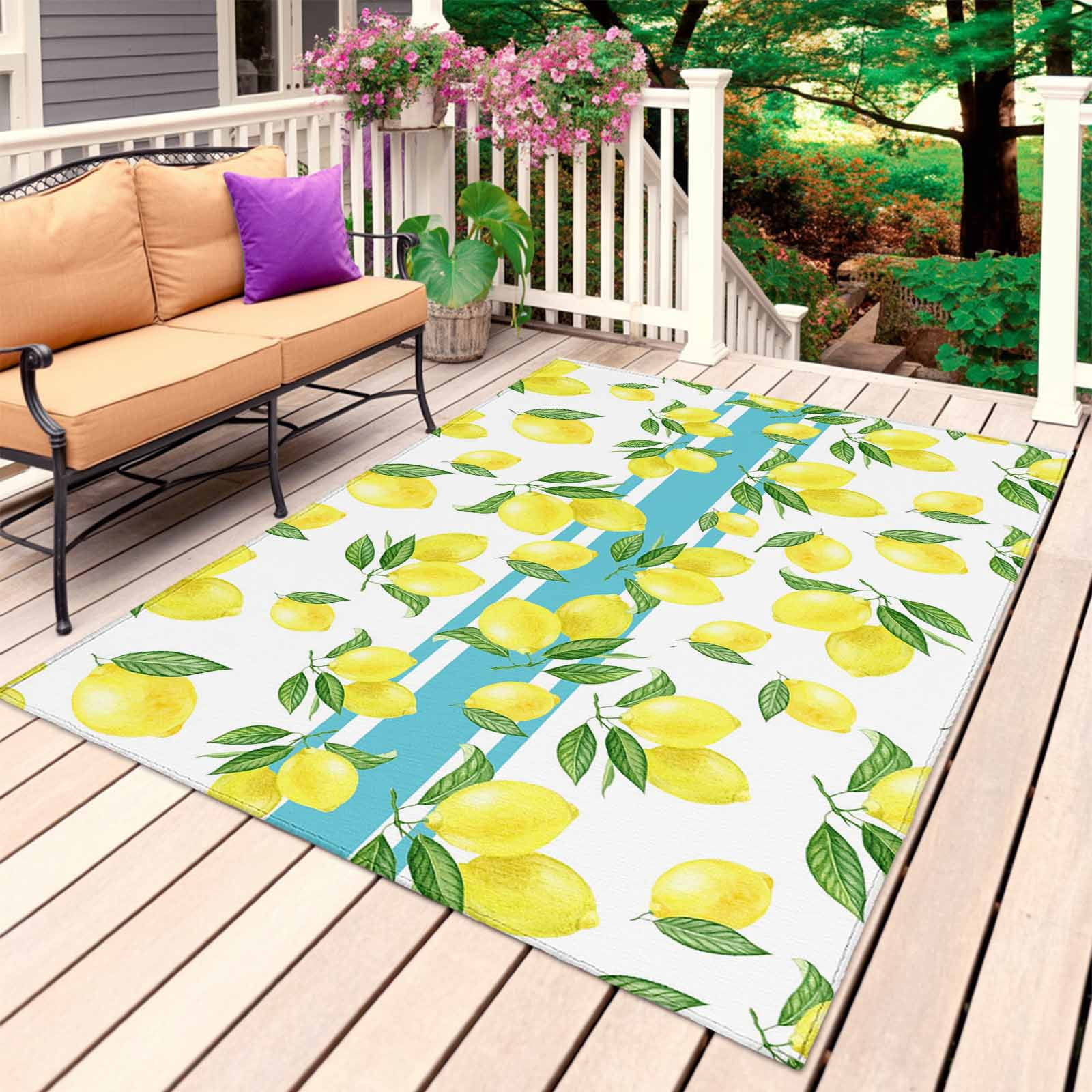 Yellow Lemons Outdoor Rug 4x6 Ft, Non Slip Washable Area Rug, Summer Botanical Watercolor Patio Rugs Carpet Runner, Large Floor Mat for Indoor/Outdoor Deck Porch Camping