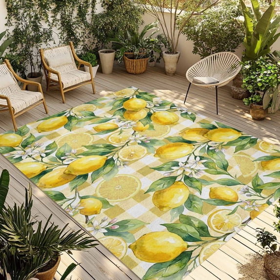 Yellow Lemons Outdoor Rug for Patio/Deck/Porch, Non-Slip Large Area Rug 5 x 8 Ft, Summer Botanical Checkered Pastoral Indoor Outdoor Rugs Washable Area Rugs, Reversible Camping Rug Carpet Runner